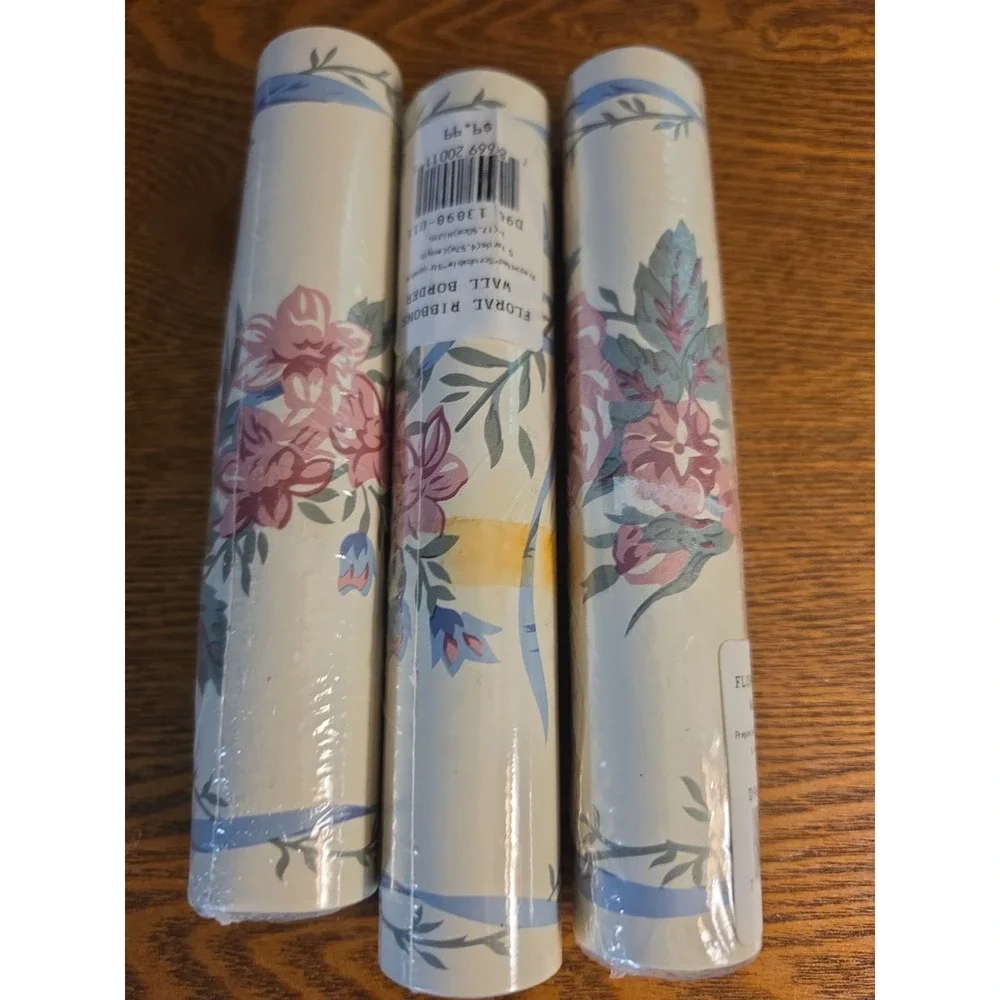 Lot 3 Nos Vtg Wallpaper Border Floral Pink Blue Green 5 Yards 7